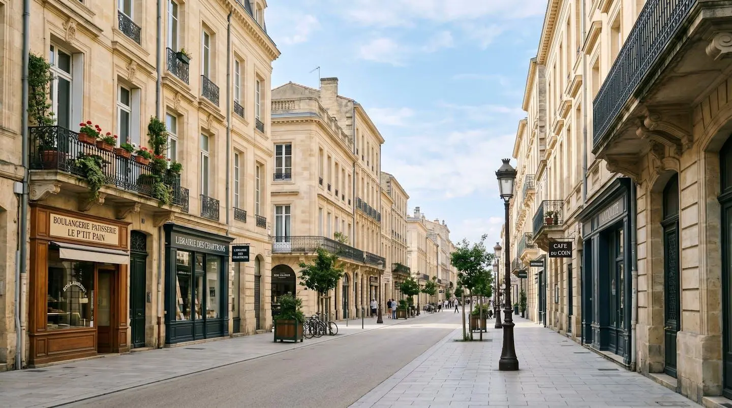 Perspective large d'une rue calme du quartier des Chartrons à Bordeaux avec ses façades en pierre blonde typiques et ses immeubles haussmanniens rénovés sous un ciel bleu