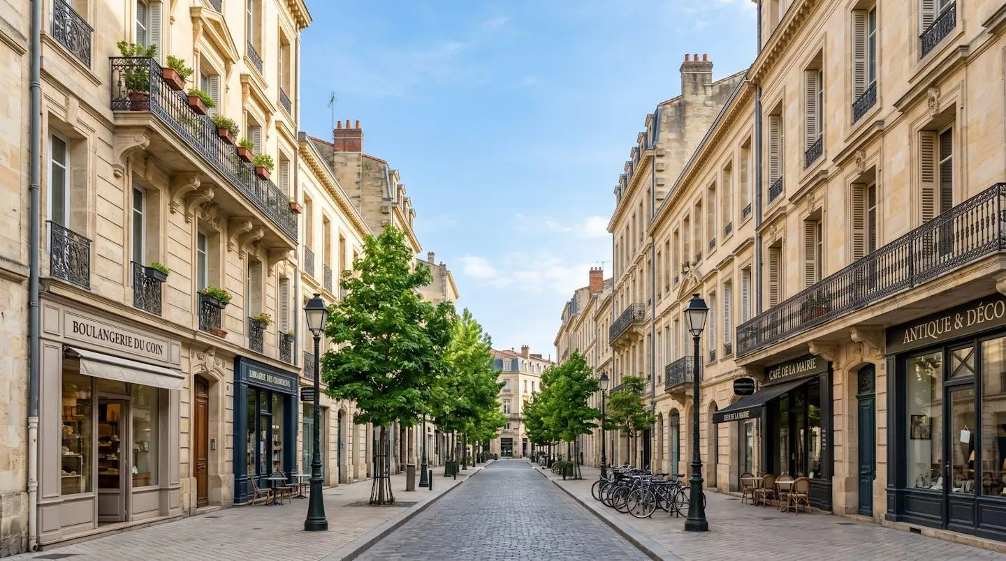 Perspective large d'une rue calme du quartier des Chartrons à Bordeaux avec ses façades en pierre blonde typiques et ses immeubles haussmanniens rénovés sous un ciel bleu