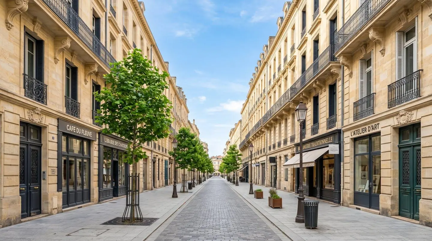 Perspective large d'une rue calme du quartier des Chartrons à Bordeaux avec ses façades en pierre blonde typiques et ses immeubles haussmanniens rénovés sous un ciel bleu