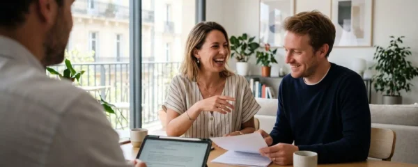 Un jeune couple vu de trois-quarts arrière discute de manière décontractée avec un conseiller financier dans un intérieur contemporain lumineux à Bordeaux