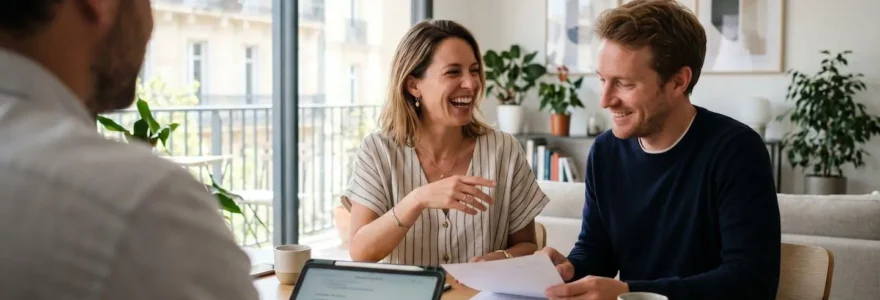 Un jeune couple vu de trois-quarts arrière discute de manière décontractée avec un conseiller financier dans un intérieur contemporain lumineux à Bordeaux
