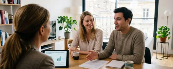 Un jeune couple vu de trois-quarts arrière discute de manière décontractée avec un conseiller financier dans un intérieur contemporain lumineux à Bordeaux