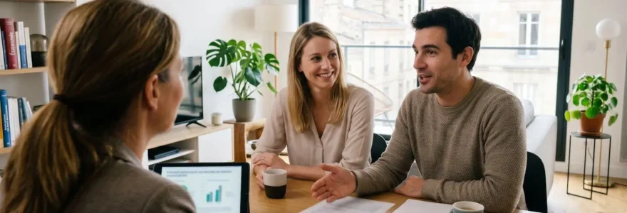 Un jeune couple vu de trois-quarts arrière discute de manière décontractée avec un conseiller financier dans un intérieur contemporain lumineux à Bordeaux