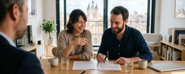Un jeune couple vu de trois-quarts arrière discute de manière décontractée avec un conseiller financier dans un intérieur contemporain lumineux à Bordeaux