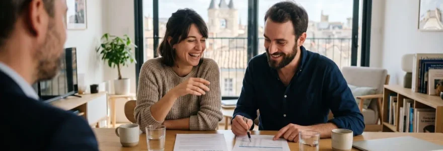 Un jeune couple vu de trois-quarts arrière discute de manière décontractée avec un conseiller financier dans un intérieur contemporain lumineux à Bordeaux