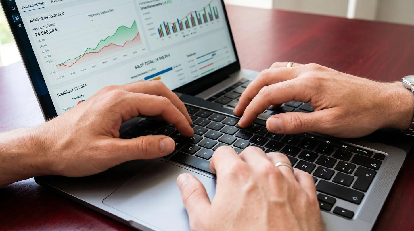Gros plan sur des mains tapant sur le clavier d'un ordinateur portable moderne avec un écran flouté montrant des graphiques financiers en arrière-plan