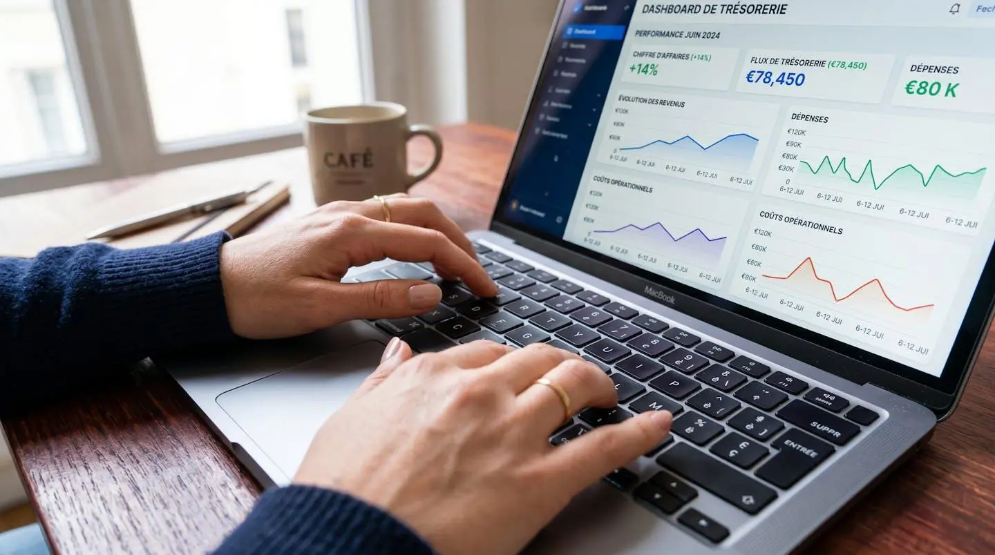 Gros plan sur des mains tapant sur le clavier d'un ordinateur portable moderne avec un écran flouté montrant des graphiques financiers en arrière-plan