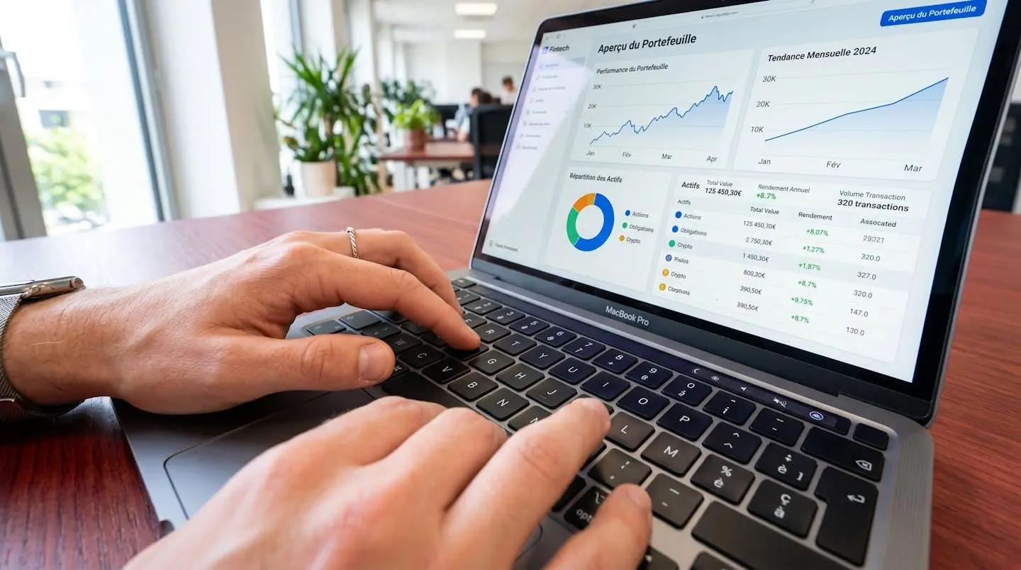 Gros plan sur des mains tapant sur le clavier d'un ordinateur portable moderne avec un écran flouté montrant des graphiques financiers en arrière-plan